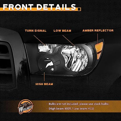 WEELMOTO Headlights for 07-13 Toyota Tundra, Fits Models W/O Level Adjuster - color: Clear Lens I Black Housing I Amber Reflector