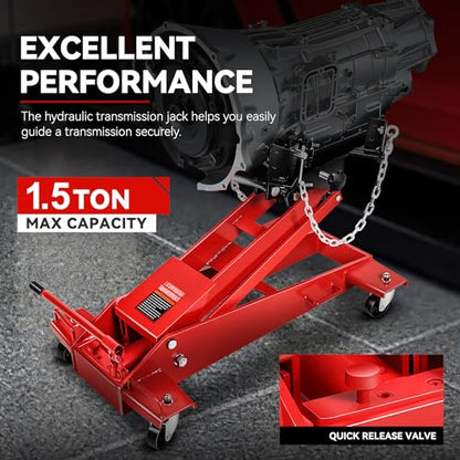 Auto Dynasty Universal Garage Low Profile Hydraulic Transmission Jack, 1.5 Ton (3306 lbs) Capacity, Lifting Range 9.1" (Min) to 36.6" (Max), Alloy Steel