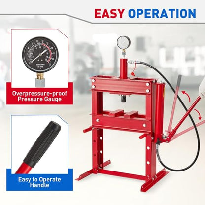 10 Ton Hydraulic Shop Press with Pressure Gauge & Plate