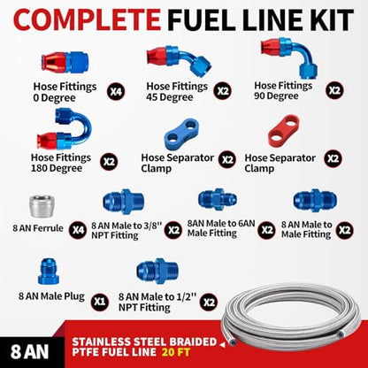 8AN PTFE Fuel Line Kit, AN8 E85 Stainless Steel Braided Fuel Line Hose 20FT with PTFE Hose End Fittings for LS Swap EFI Fuel System, Blue & Red. - size: 8AN 20FT