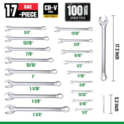 SK Combination Wrench Set, Metric 6 to 32mm, SAE 1/4" to 1-1/4", 42-Piece - size: Metric & SAE 6 to 32 mm