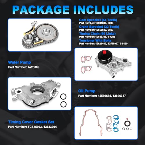 Engine Oil Pump & Timing Chain Kit w/Water Pump for 2007-2013 Chevy Avalanche/Silverado 1500/Tahoe/Suburban, GMC Sierra 1500/Yukon, Buick/Cadillac 4.8L 5.3L 6.0L NON-VVT Engine