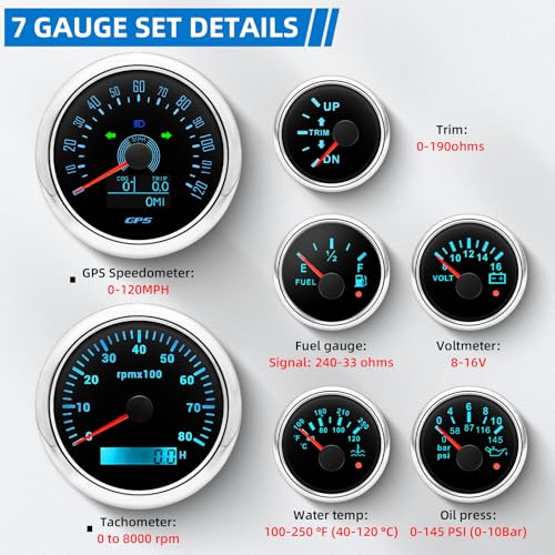 MH 7 Boat Gauge Set - 3-3/8" GPS Speedometer, Tachometer, 2-1/16" Oil Pressure Gauge,Fuel Level,Water Temperature,Voltmeter,Trim Marine Meter Kit Waterproof 7 Color for AUTO (Black and Silver) - color: Black and Silver