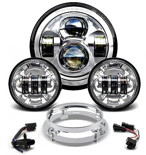 Upgraded Chrome 7 Inch LED Headlight & 4.5 Inch Fog Lights with Turn Signals Headlamp Kit with Mounting Ring and 2 Adapter Harnesses Compatible with Harley Road King Electra Glide Ultra| DOT Certified - color: Upgraded Chrome