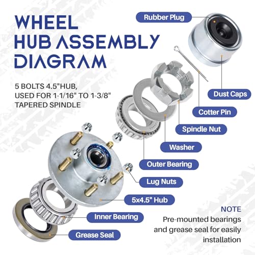 2 Sets Galvanized Trailer Hub Kits 5 Lug on 4.5" for 3500 lbs Axles - color: WHITE