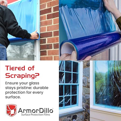 ArmorDillo Blue Window Protection Film 6" x 200' | 14.68 per roll (10 Rolls- 1 case), Surface Protection | Temporary Self-Adhesive Glass Covering, Window Masking, 45-Day UV Resistant Construction Wrap - size: 6" x 200' (10 Rolls)