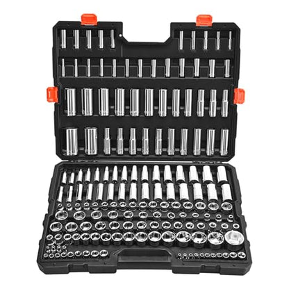 VEVOR Socket Set, 163 Pieces, 3/8 & 1/4 & 1/2 inch Drive Socket Tool Set, SAE and Metric, Deep and Standard, Mechanic Tool Kit with Storage Case, Chrome Plated CR-V Alloy Steel, for Automotive Repair - size: 163-PCS