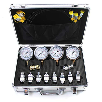 Hydraulic Pressure Test Kit with 4 Gauges 10 Couplings 3 Hoses, Hydraulic Tester Gauge Set 10Mpa/25Mpa/40Mpa/60Mpa for Excavator Construction Machinery - size: Silver 4 Gauges 10 Couplings