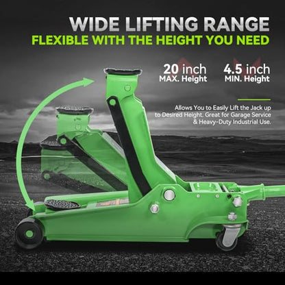 PM PERFORMOTOR Low Profile Hydraulic Trolley Service/Floor Jack, 4 Ton (8000 lbs) Capacity, Lifting Range 4.5"-20", Green,PM-TOL-FJ40-GR - color: Green