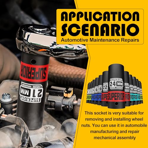 14 Piece 1/2" Drive Impact Socket Set, 8 mm - 24 mm Deep Socket, Metric Socket Set With Adapter & Quick-Release Holder, 6 Point, CR-V, Automotive Maintenance, Machinery Manufacturing - size: 1/2" Deep Metric