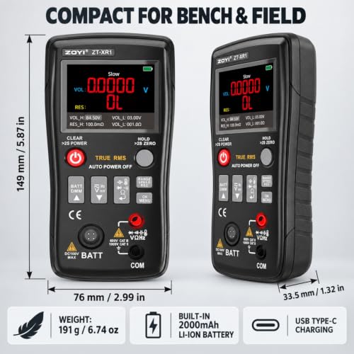 ZOYI ZT-XR1 2-in-1 Digital Multimeter & Battery Internal Resistance Tester, 25000 Counts Auto-Range True RMS, 0 to ±100V 4-Wire Kelvin Sensing for Automotive&Battery Test, Electronic Equipment Repair