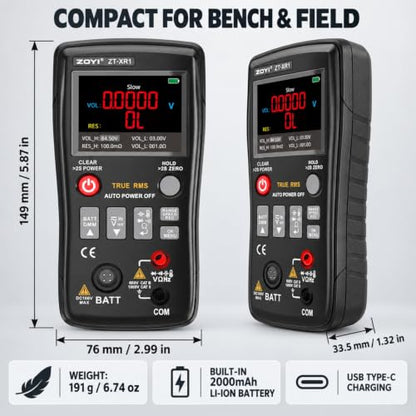 ZOYI ZT-XR1 2-in-1 Digital Multimeter & Battery Internal Resistance Tester, 25000 Counts Auto-Range True RMS, 0 to ±100V 4-Wire Kelvin Sensing for Automotive&Battery Test, Electronic Equipment Repair
