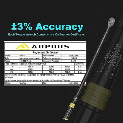 ANPUDS 3/4" Click Torque Wrench, 100-800 Ft-Lb/135.5-1084 Nm, Heavy Duty - size: 100-800 ft-lb / 135.5-1084 Nm