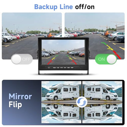 4 Channel 9 inch IPS Backup Camera System with Monitor for Tracks, RVs, Tractors, Bus, CementTruck, HD 1080P Wired Reverse Camera Waterproof Night Vision 4 Cameras Support Recording, Plug and Play