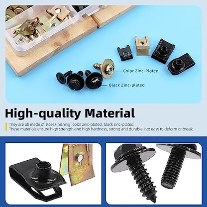 Glarks 64Pcs U-Clips and Body Bolts Screws Assortment Kit 8 Sizes Auto Car Clips Fasteners with Screws Auto Car U Nuts with Self Tapping Screw Body Bolts Screw for Bumper Fender Trim Panels