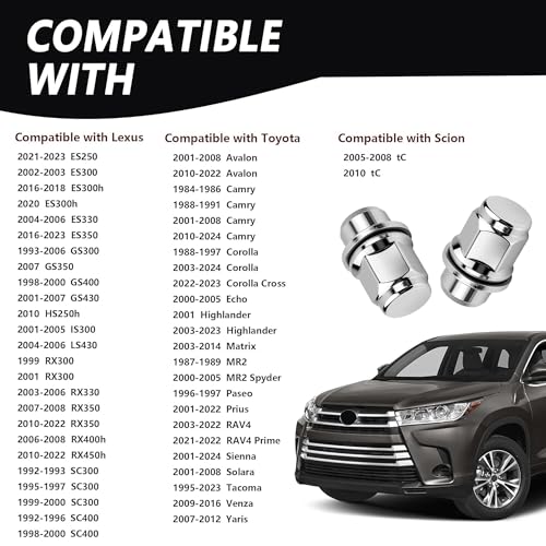 10PCS M12x1.5 Lug Nuts Set,Chrome-Plated Steel Wheel Locks Lug Nuts with Washer Replaces OEM#90084-94001,Lug Nut Lock Set Compatible with Toyota Camry Prius Lexus ES250 Scion (10PCS) - color: 10PCS