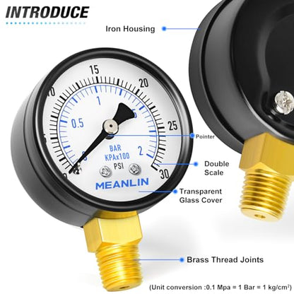 MEANLIN MEASURE 0-30Psi 2" DIAL FACE 1/4" NPT Well Pump Pressure Gauge, with 1/2" NPT and 3/8" NPT Hex Bushing, 3-2-3% Accuracy, Lower Mount - color: 1/4"NPT Lower Mount, size: 0-30Psi