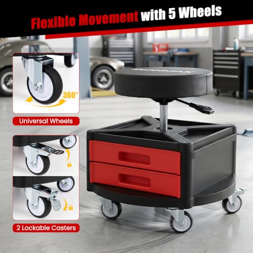 Goplus Rolling Mechanic Stool with Cushioned Seat, 3 Drawers - color: Red, size: Tool Chest