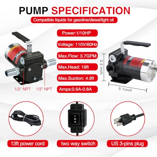 TOPWAY 110V Gasoline Fuel Pump Kit, Self-priming Oil Transfer Pump with Handle, Reversible Pumping, Overheat Protection, Explosion-Proof, Oil Hose, Nozzle for Gasoline Fuel Diesel Kerosene Removal - style: 110V 3.7GPM KIT