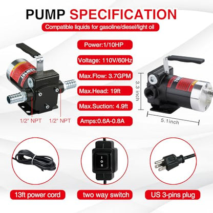 TOPWAY 110V Gasoline Fuel Pump Kit, Self-priming Oil Transfer Pump with Handle, Reversible Pumping, Overheat Protection, Explosion-Proof, Oil Hose, Nozzle for Gasoline Fuel Diesel Kerosene Removal - style: 110V 3.7GPM KIT