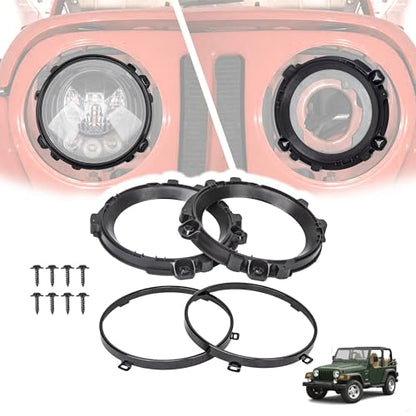 7 Inch Round Headlight Mounting Retaining Bracket Ring with Headlight Metal Ring Fit for 1997-2006 Jeep Wrangler TJ, 1 Pair, Left & Right, Black - color: TJ, Kit