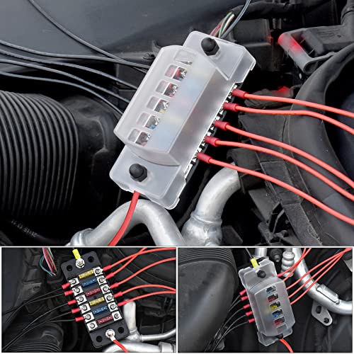 6-Way 12V Fuse Box Blade, 6-Volt Fuseholder, No LED Indicator, Moisture Resistant Cover - with Ground Bus 6-Way Independent Positive Fuseholder for DC 12V/24V Cars, Car Trucks, Boats, Marine Vehicles - size: 6 Way