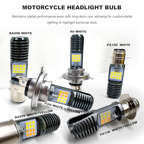 9-16V H4 LED Motorcycle Headlight Bulbs, Super Bright 3030 Chips Bulb Halogen Lamp Replacement, Waterproof High/Low Beam LED Headlight Bulb for Most Motorcycles ATVs (PX15D, White & Yellow) - color: PX15D, White & Yellow
