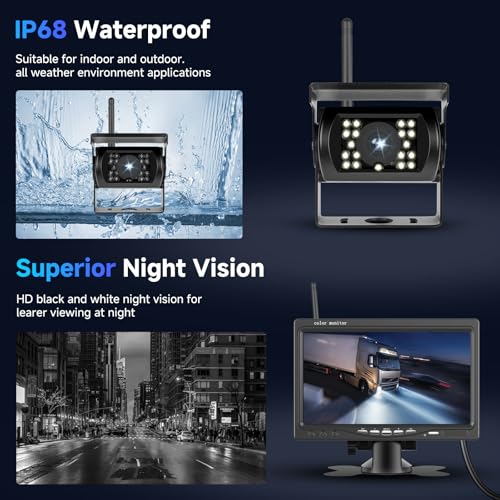 1080P HD Wireless Backup Camera System, 7-inch LCD Monitor with 2 Rearview Camera for Trailer RV Camper Truck Car Bus, DIY Guide Lines, IP68 Waterproof, Night Vision, BSD, 12V-36V