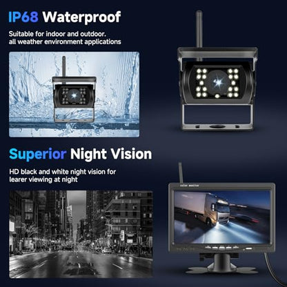 1080P HD Wireless Backup Camera System, 7-inch LCD Monitor with 2 Rearview Camera for Trailer RV Camper Truck Car Bus, DIY Guide Lines, IP68 Waterproof, Night Vision, BSD, 12V-36V