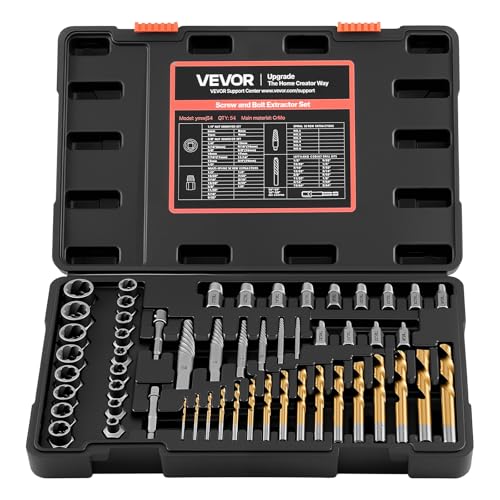 VEVOR Screw Extractor Set with Drill Bits, 54 Pieces, Easy Out Nut Bolt Extractors and Drill Bits, with Adapters, Solid Storage Case, Cr-Mo Steel for Removing Rounded, Broken, or Stripped Fasteners - size: 54 PCS
