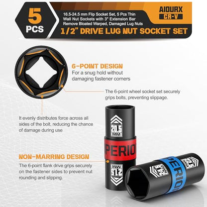 1/2" Drive Lug Nut Socket Set, 16.5-24.5 mm Flip Socket Set, 5 Pcs Thin Wall Nut Sockets with 3" Extension Bar, Remove Bloated Warped, Damaged Lug Nuts - size: 5PCS：16.5MM-24.5MM