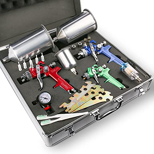 ETOSHA HVLP Spray Gun Set 3pcs, Auto Paint Primer with Air Regulator & Maintenance Kit, Paint Sprayer with Cups for Various Painting Projects（1.0mm, 1.4mm&1.8mm Needle Nozzle Set） - size: Standard Kit