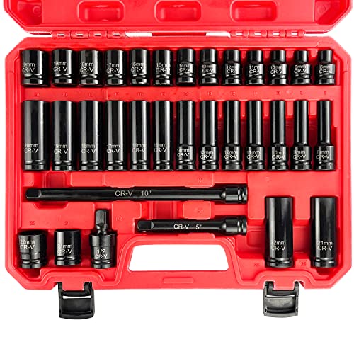 EACELIY 33pcs 1/2" Impact Socket Set (8-22mm), Metric Socket Set, Cr-V Steel, 6 Point Deep & Shallow Sockets, with 5" 10" Extension Bars and 1/2" Universal Joint - size: 1/2" Deep/Shallow Sockets (8-22mm)