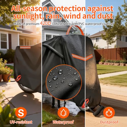 Motorcycle Cover Waterproof Outdoor, 420D Heavy‑Duty Thick Powersports Vehicle Covers with Breathable Vent Windows, Fits Up to 104 Inch, Lock-Holes, Storage Bag & Night Reflective Design - size: 3XL