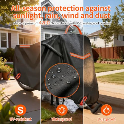 Motorcycle Cover Waterproof Outdoor, 420D Heavy‑Duty Thick Powersports Vehicle Covers with Breathable Vent Windows, Fits Up to 104 Inch, Lock-Holes, Storage Bag & Night Reflective Design - size: 3XL