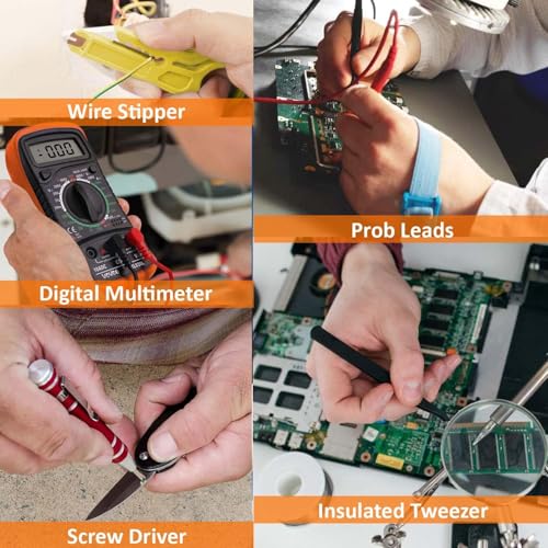 Soldering Iron Kit with Digital Multimeter,60W 110V Adjustable Temperature,5 Tips, Desoldering Pump, Wire Stripper,Carry Case-Electric Soldering Set for Electronics Repair,PCB,Arduino,DIY