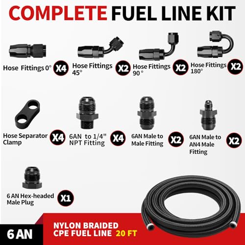 3/8‘’ 6AN 20FT Fuel Line Kit, Nylon Stainless Steel Braided CPE Fuel Line Hose Kit With 23PCS Swivel Hose Fittings Adapter - color: Black, size: 6AN 20FT