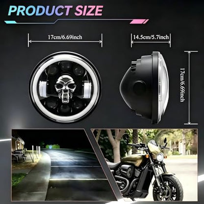 6.69 Inch Motorcycle LED Headlight with Mounting Brackets Assembly, Skull Pattern Round Headlamp with High/Low Beam Turn Signal DRL for Cafe Racer E-bike Bobber Chopper - size: 6.69'' skull headlight with housing brackets