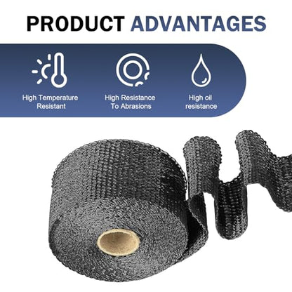 Car Exhaust Heat Wrap, 196" Motorcycle Fiberglass Heat Resistant Fabric Shield Tape, Fiber Heat Insulation Tape, Universal Cuttable Protective Modification (Black)