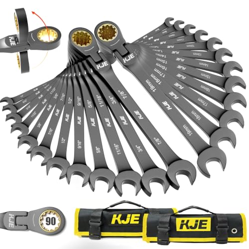 KJE 24PCS 90-Tooth 180° Flex-Head Ratcheting Wrench Set, Metric 8-19mm & SAE 1/4"-7/8", Combination Wrenches set, CR-V, Nickel Plating, with Organizer Bag, for Auto/Machine Repair - size: Metric 8-19mm & SAE 1/4"-7/8"
