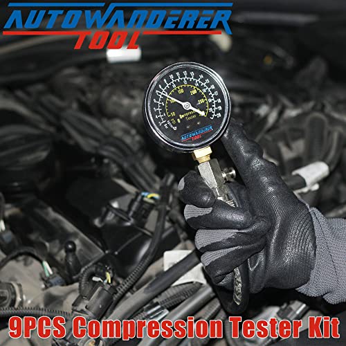 AutoWandererTool 9Pcs Compression Tester with Spark Plug for Small Engine - size: Gauge Set with Spark Plug Tester