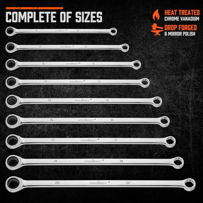 HORUSDY 9-Piece Extra Long Ratcheting Wrench Set, Double Box End Wrench Set with Tool Bag & Box, Metric 8-22mm, CR-V Steel - style: Long Ratcheting Wrench Set