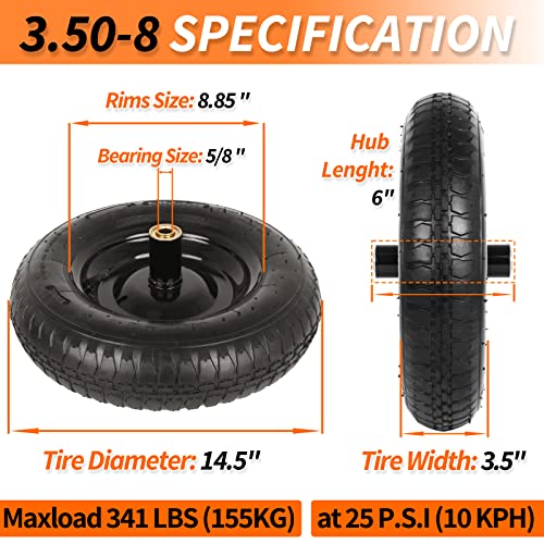 GICOOL 14.5" Wheelbarrow Tire, 3.50-8” Pneumatic Tire, Universal Wheelbarrow Wheel for 4.80/4.00-8”, 4.00-6”, and 2.50-8”, with 6" Centered Hub, 5/8" Axle Bore Hole, Sealed Bearings - size: 14.5" Pneumatic Tire ( 1 PACK )