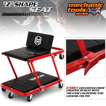 M-AUTO Heavy-Duty Convertible Mechanic Creeper, Z-Creeper 2-in-1 Creeper and Seat 48" Padded Adjustable Headrest Roller Garage Chair with 7 Swivel Casters for Washing, Detailing, Maintenance, Red - color: Red, size: 48"