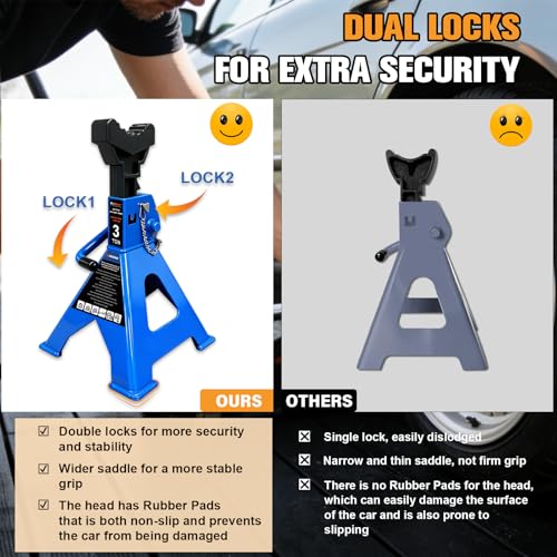 3 Ton Jack Stands Heavy Duty 6,600 LBs, Car Jack Stand for Trucks with Double Pin Locking & Extra Rubber Pads, 11.3"-16.5" Adjustable for Garage, Home,DIY Vehicle Lifting, 1 Pair Blue