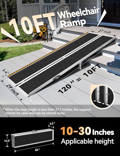 FACHNUO 10FT Portable Wheelchair Ramp for Home Steps, with Support Legs - size: 10FT(Using height 10-30'')