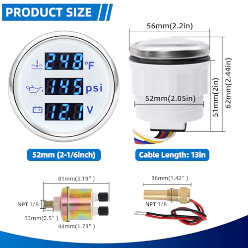 MH Triple Gauge Set - Water Temp (104°F-248°F), Oil Pressure (0-145PSI), Voltmeter (9-32V), Blue Backlight AUTO Gauge with Sensors 2" 52mm 3-in-1 Boat Marine Meter Kit (White) - color: White