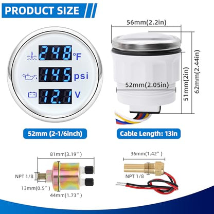 MH Triple Gauge Set - Water Temp (104°F-248°F), Oil Pressure (0-145PSI), Voltmeter (9-32V), Blue Backlight AUTO Gauge with Sensors 2" 52mm 3-in-1 Boat Marine Meter Kit (White) - color: White