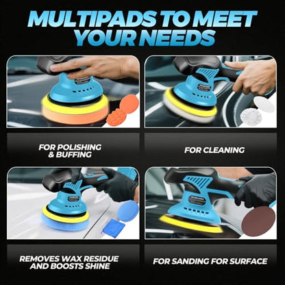 Cordless Car Polisher, 21V Car Buffer with 2x 2000mAh Batteries