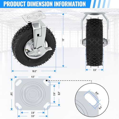 10 inch Casters Wheels, Heavy Duty Casters Set of 4 Load 1300lbs with Brake, Locking Swivel Plate Caster, Industrial Castor Wheels for Workbench, Cart, Trolley, Wagon and Shelves - size: 10 inch (2 Swivel with Brake-No Direction Lock)